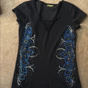 Black and Blue Graphic Cap Sleeve Tee with Embellishments